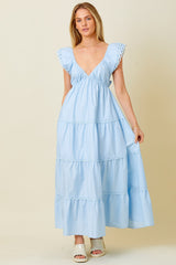 Light Blue Ruffle Trim Maternity Maxi Dress