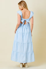 Light Blue Ruffle Trim Maxi Dress