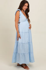 Light Blue Ruffle Trim Maternity Maxi Dress