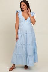 Light Blue Ruffle Trim Maternity Maxi Dress