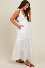 White Ruffle Trim Maternity Maxi Dress