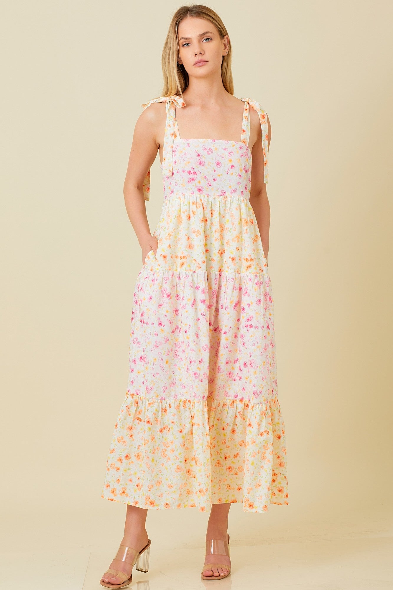 Multi-Color Floral Square Neck Shoulder Tie Tiered Maternity Midi Dress