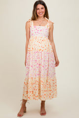 Multi-Color Floral Square Neck Shoulder Tie Tiered Maternity Midi Dress