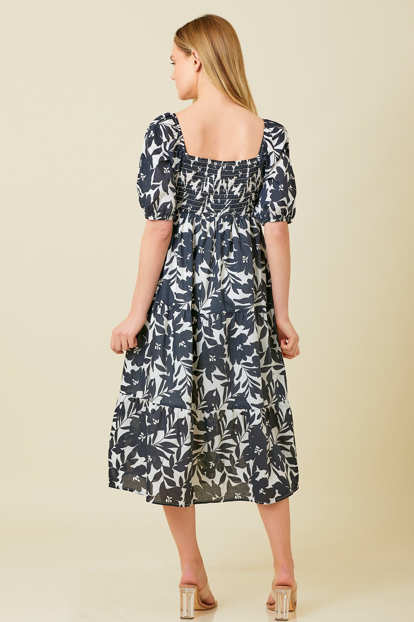 Black White Puff Sleeve Midi Dress