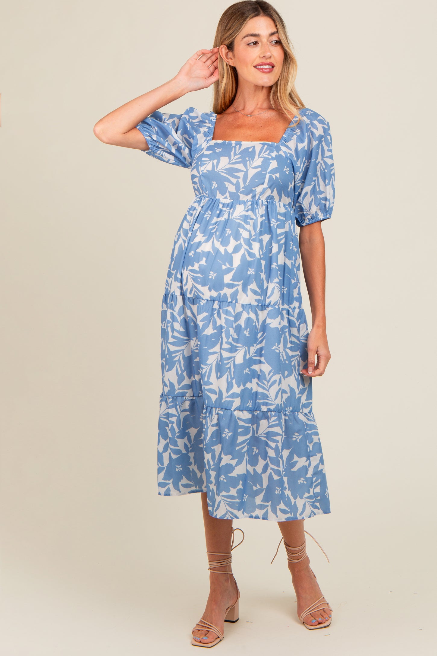 Blue White Floral Maternity Midi Dress