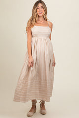 Beige Striped Cutout Back Maternity Maxi Dress