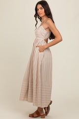 Beige Striped Cutout Back Maxi Dress