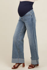 Blue Straight Cuffed Maternity Jeans