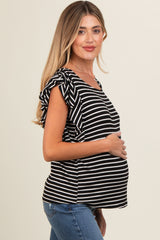 Black Striped Ruffle Sleeve Maternity Top