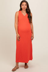 Orange Sleeveless Ribbed Maternity Maxi Dress