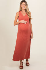 Rust Sleeveless Ribbed Maternity Maxi Dress