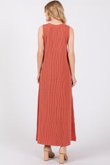 Rust Sleeveless Ribbed Maxi Dress