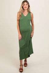 Green Sleeveless Ribbed Maternity Maxi Dress