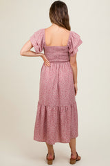 Mauve Floral Flutter Sleeve Tiered Maternity Dress