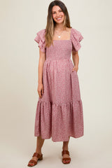 Mauve Floral Flutter Sleeve Tiered Maternity Dress
