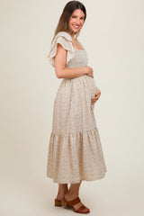 Cream Floral Flutter Sleeve Tiered Maternity Dress