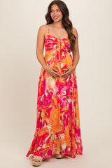 Fuchsia Abstract Floral Front Tie Maternity Maxi Dress