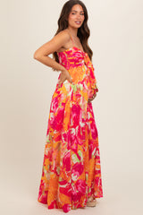 Fuchsia Abstract Floral Front Tie Maternity Maxi Dress