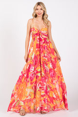 Fuchsia Abstract Floral Front Tie Maternity Maxi Dress