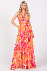 Fuchsia Abstract Floral Front Tie Maxi Dress