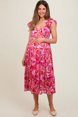 Fuchsia Floral Flutter Sleeve Maternity Dress