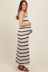 Navy Blue Striped Sleeveless Knit Maternity Maxi Dress