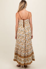 Cream Floral Border Print Lace Up Back Maternity Maxi Dress