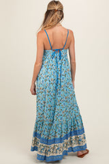 Blue Floral Border Print Lace Up Back Maternity Maxi Dress