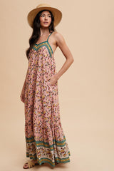 Pink Floral Border Print Lace Up Back Maxi Dress