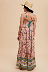 Pink Floral Border Print Lace Up Back Maxi Dress