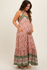 Pink Floral Border Print Lace Up Back Maternity Maxi Dress