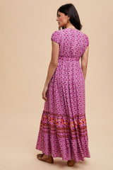 Magenta Floral Border Print Ruffle Maxi Dress