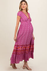 Magenta Floral Border Print Ruffle Maternity Maxi Dress