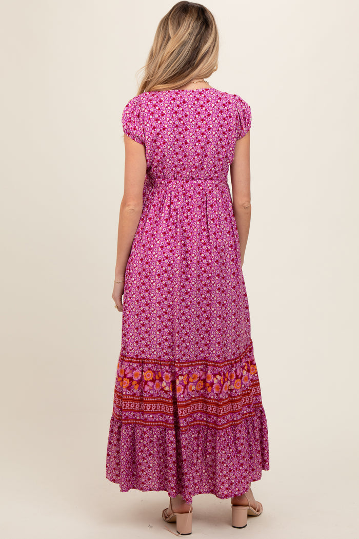 Magenta Floral Border Print Ruffle Maternity Maxi Dress