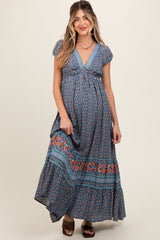 Navy Blue Border Print Ruffle Maternity Maxi Dress