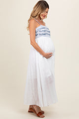 Navy Blue Floral Embroidered Lace-Up Back Maternity Maxi Dress