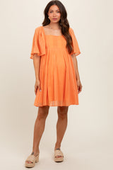 Orange Square Neck Pleated Flutter Short Sleeve Maternity Dress