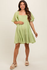 Green Square Neck Pleated Flutter Short Sleeve Maternity Dress