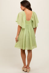 Green Square Neck Pleated Flutter Short Sleeve Maternity Dress