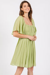 Green Square Neck Pleated Flutter Short Sleeve Maternity Dress