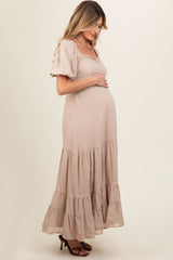 Beige Lace Insert Maternity Maxi Dress