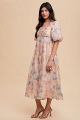 Peach Floral Square Neck Short Puff Sleeve Lace-Up Back Midi Dress