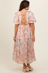 Peach Floral Square Neck Short Puff Sleeve Lace-Up Back Maternity Midi Dress