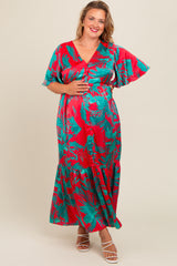 Red Satin Palm Print Button Front Maternity Plus Maxi Dress