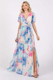 Blue Multicolor Floral Side Slit Wrap Maxi Dress