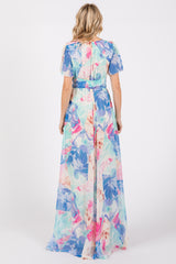 Blue Multicolor Floral Side Slit Wrap Maxi Dress