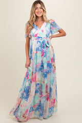 Blue Multicolor Floral Side Slit Maternity Wrap Maxi Dress