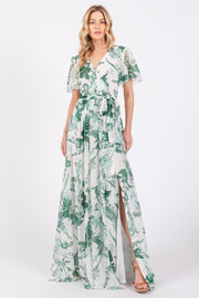 Forest Green Floral Side Slit Wrap Maxi Dress