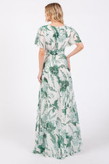 Forest Green Floral Side Slit Wrap Maxi Dress