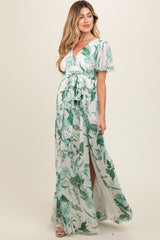 Forest Green Floral Side Slit Maternity Wrap Maxi Dress